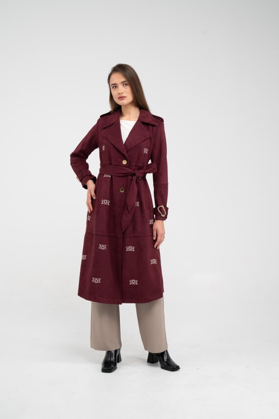 Süet Dokulu Kuşaklı Uzun Kadın Trençkot 8088 - 1