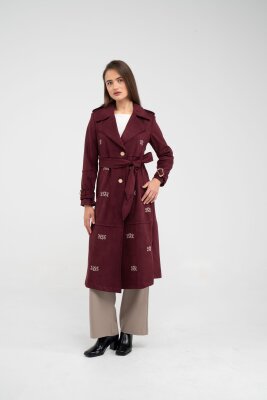 Süet Dokulu Kuşaklı Uzun Kadın Trençkot 8088 - 2