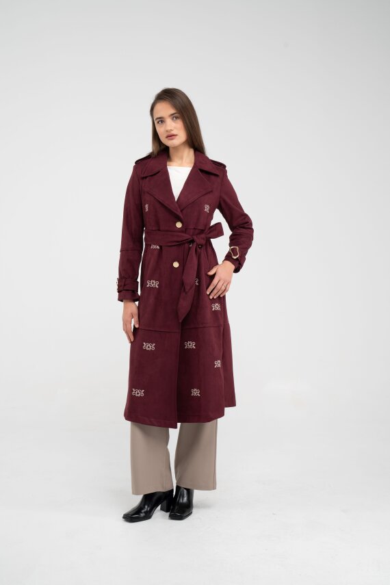 Süet Dokulu Kuşaklı Uzun Kadın Trençkot 8088 - 2