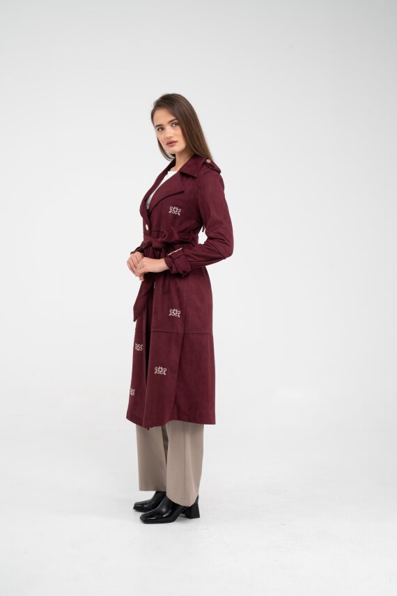 Süet Dokulu Kuşaklı Uzun Kadın Trençkot 8088 - 3