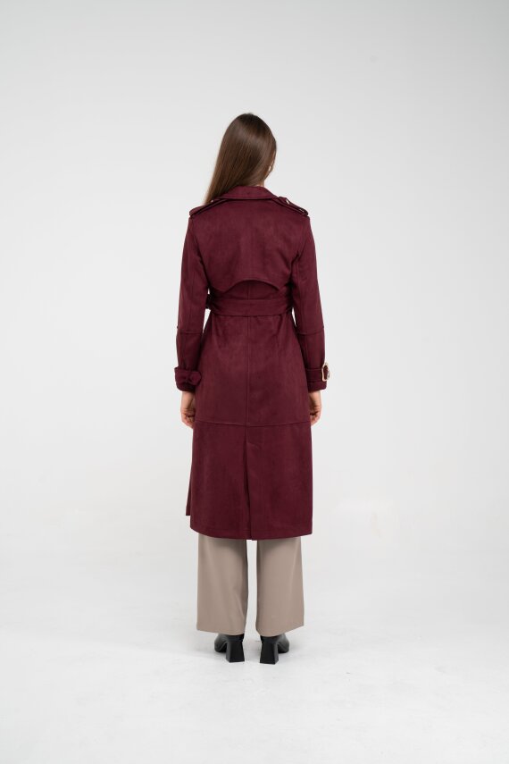 Süet Dokulu Kuşaklı Uzun Kadın Trençkot 8088 - 6