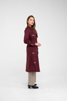 Süet Dokulu Kuşaklı Uzun Kadın Trençkot 8088 - 4