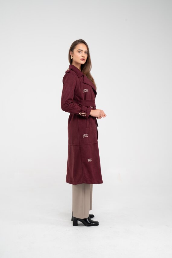 Süet Dokulu Kuşaklı Uzun Kadın Trençkot 8088 - 4