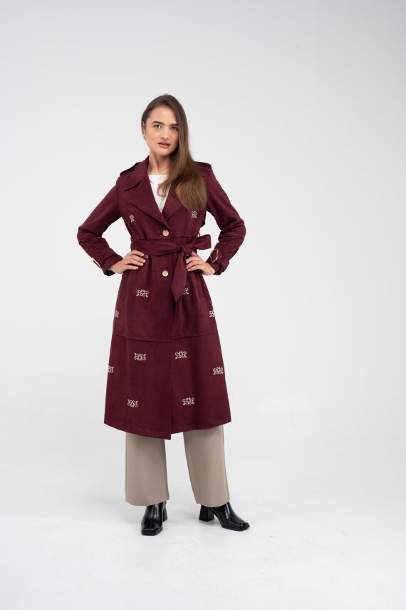 Süet Dokulu Kuşaklı Uzun Kadın Trençkot 8088 - 5