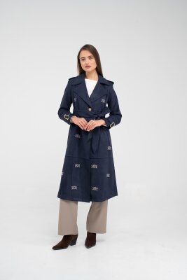 Süet Dokulu Kuşaklı Uzun Kadın Trençkot 8088 - 7