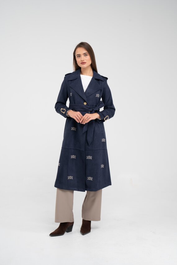 Süet Dokulu Kuşaklı Uzun Kadın Trençkot 8088 - 7