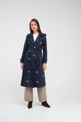 Süet Dokulu Kuşaklı Uzun Kadın Trençkot 8088 - 8