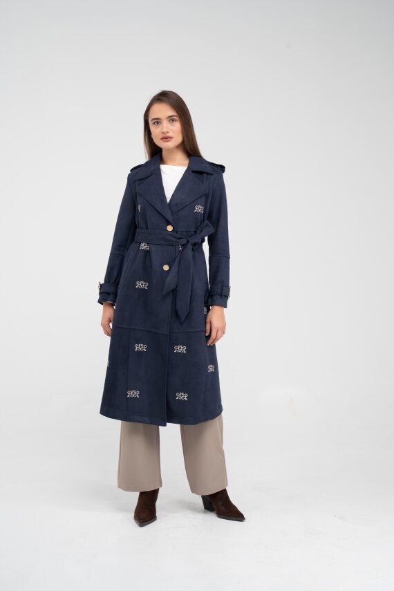 Süet Dokulu Kuşaklı Uzun Kadın Trençkot 8088 - 8