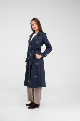 Süet Dokulu Kuşaklı Uzun Kadın Trençkot 8088 - 9