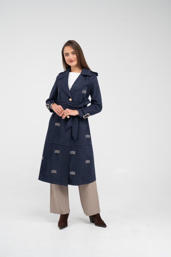 Süet Dokulu Kuşaklı Uzun Kadın Trençkot 8088 - 11