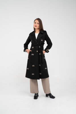 Süet Dokulu Kuşaklı Uzun Kadın Trençkot 8088 - 14