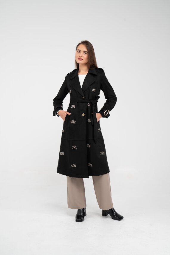 Süet Dokulu Kuşaklı Uzun Kadın Trençkot 8088 - 14