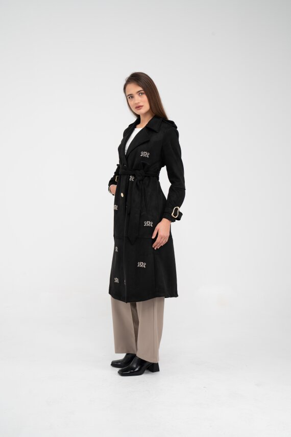 Süet Dokulu Kuşaklı Uzun Kadın Trençkot 8088 - 15