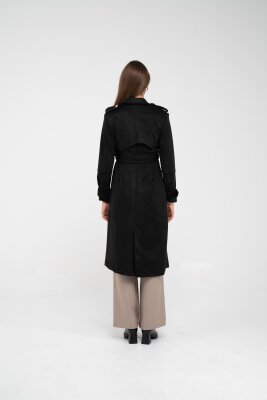 Süet Dokulu Kuşaklı Uzun Kadın Trençkot 8088 - 18