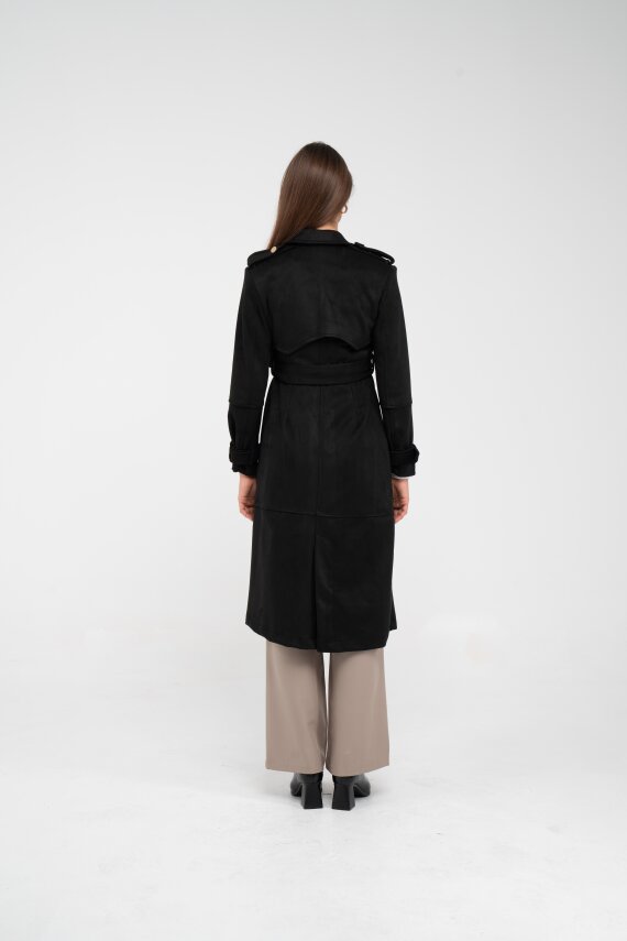 Süet Dokulu Kuşaklı Uzun Kadın Trençkot 8088 - 18