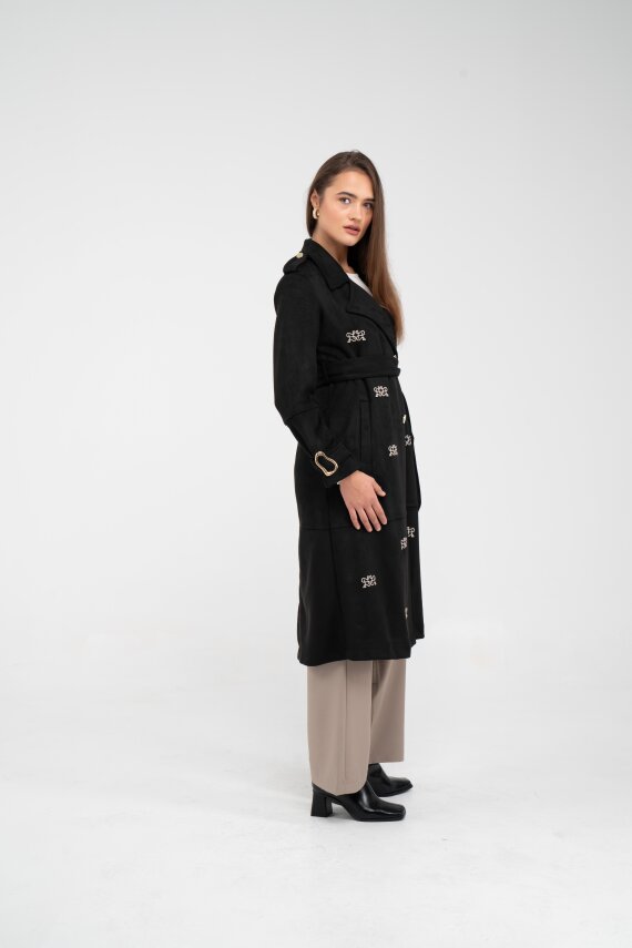 Süet Dokulu Kuşaklı Uzun Kadın Trençkot 8088 - 16