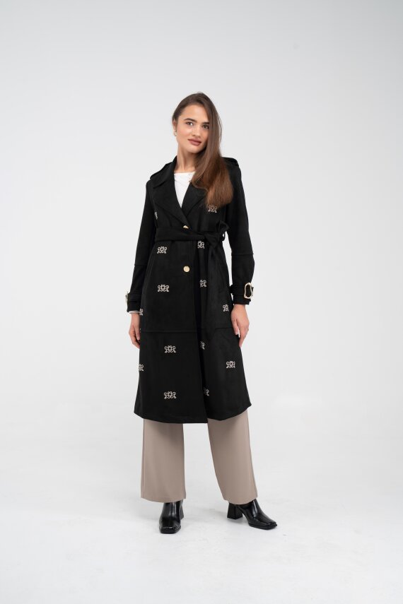 Süet Dokulu Kuşaklı Uzun Kadın Trençkot 8088 - 17