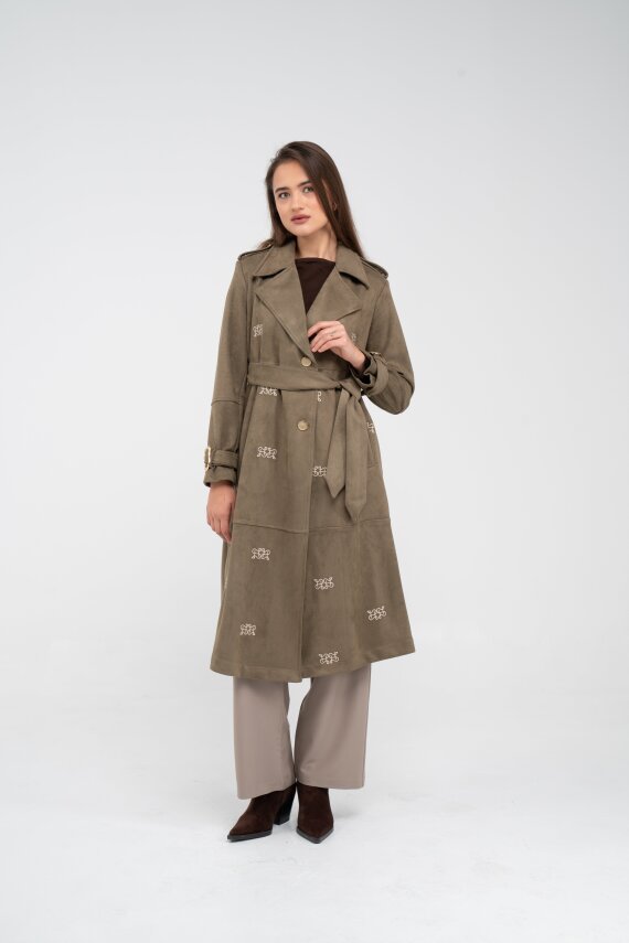 Süet Dokulu Kuşaklı Uzun Kadın Trençkot 8088 - 19