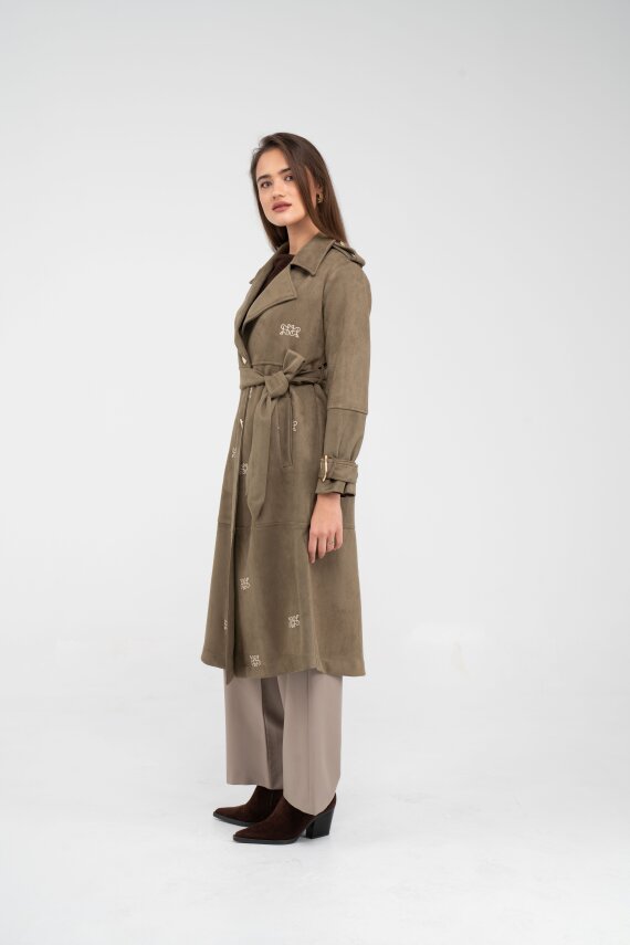 Süet Dokulu Kuşaklı Uzun Kadın Trençkot 8088 - 21