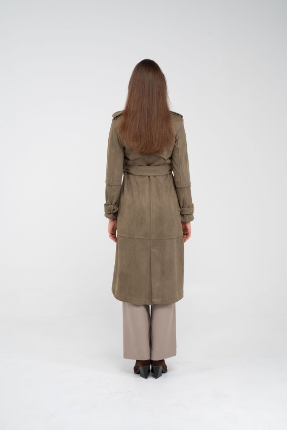 Süet Dokulu Kuşaklı Uzun Kadın Trençkot 8088 - 24