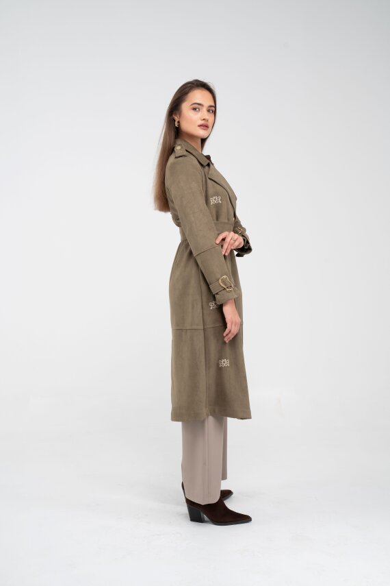 Süet Dokulu Kuşaklı Uzun Kadın Trençkot 8088 - 22