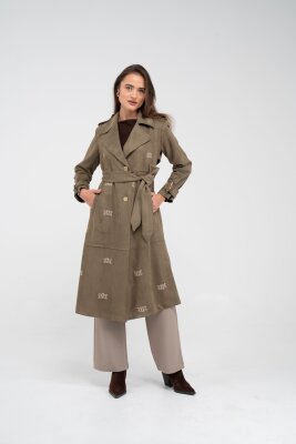 Süet Dokulu Kuşaklı Uzun Kadın Trençkot 8088 - 23