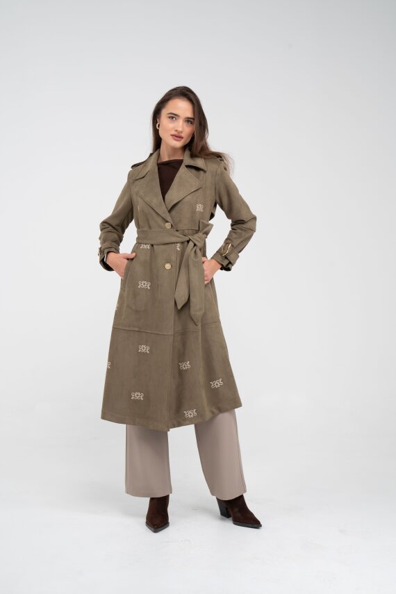 Süet Dokulu Kuşaklı Uzun Kadın Trençkot 8088 - 23