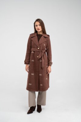 Süet Dokulu Kuşaklı Uzun Kadın Trençkot 8088 - 25