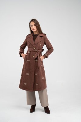 Süet Dokulu Kuşaklı Uzun Kadın Trençkot 8088 - 26