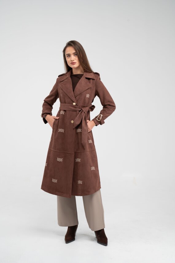 Süet Dokulu Kuşaklı Uzun Kadın Trençkot 8088 - 26