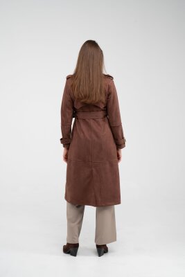 Süet Dokulu Kuşaklı Uzun Kadın Trençkot 8088 - 30