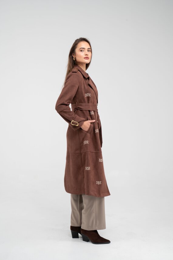 Süet Dokulu Kuşaklı Uzun Kadın Trençkot 8088 - 28