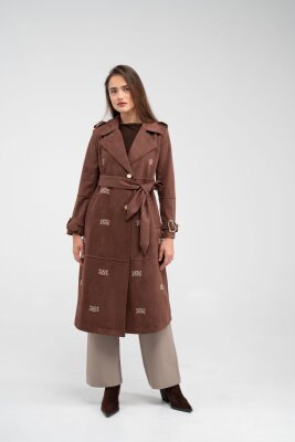 Süet Dokulu Kuşaklı Uzun Kadın Trençkot 8088 - 29