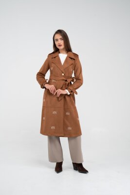 Süet Dokulu Kuşaklı Uzun Kadın Trençkot 8088 - 31