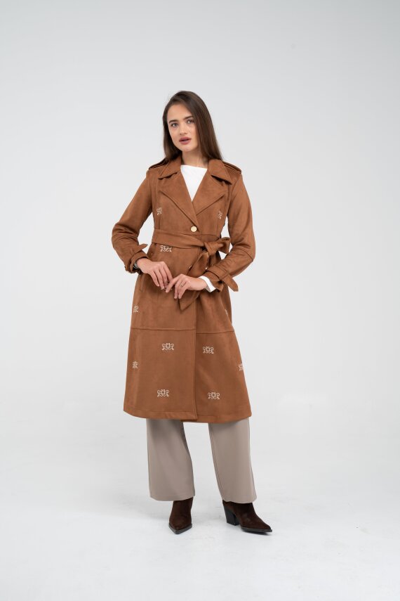 Süet Dokulu Kuşaklı Uzun Kadın Trençkot 8088 - 31