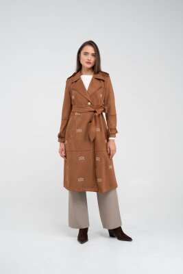 Süet Dokulu Kuşaklı Uzun Kadın Trençkot 8088 - 32