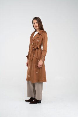 Süet Dokulu Kuşaklı Uzun Kadın Trençkot 8088 - 33