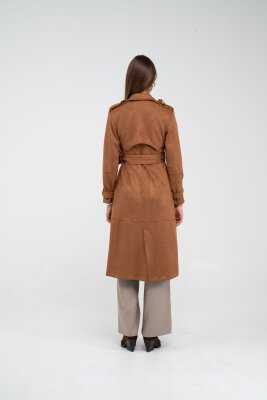 Süet Dokulu Kuşaklı Uzun Kadın Trençkot 8088 - 36