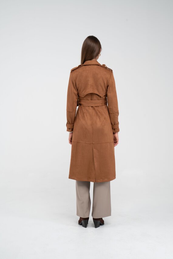 Süet Dokulu Kuşaklı Uzun Kadın Trençkot 8088 - 36