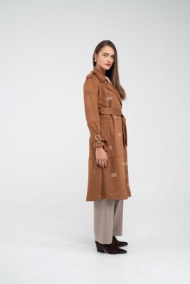 Süet Dokulu Kuşaklı Uzun Kadın Trençkot 8088 - 34