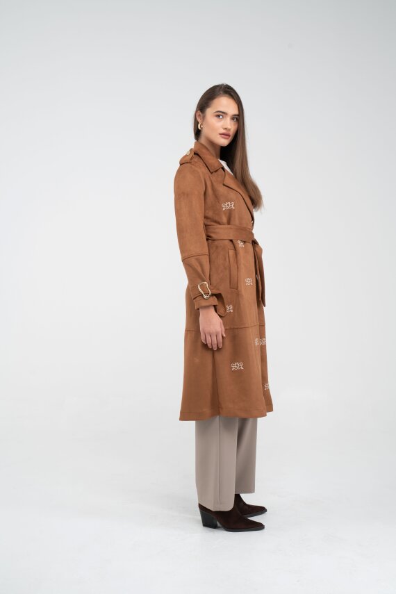 Süet Dokulu Kuşaklı Uzun Kadın Trençkot 8088 - 34