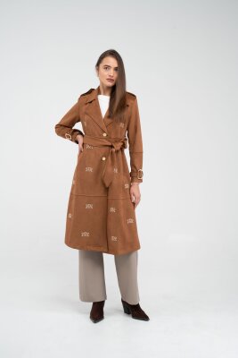 Süet Dokulu Kuşaklı Uzun Kadın Trençkot 8088 - 35