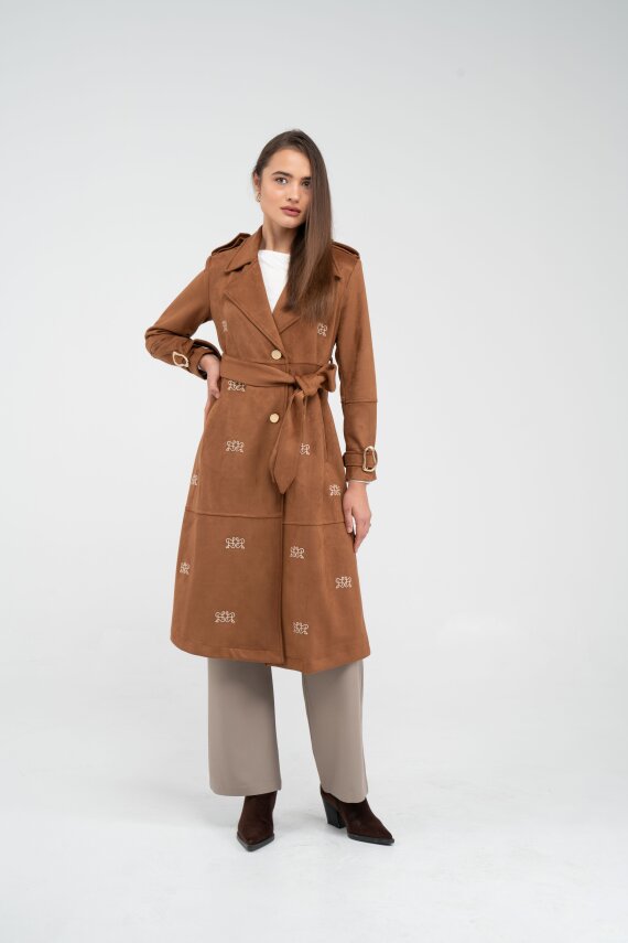 Süet Dokulu Kuşaklı Uzun Kadın Trençkot 8088 - 35