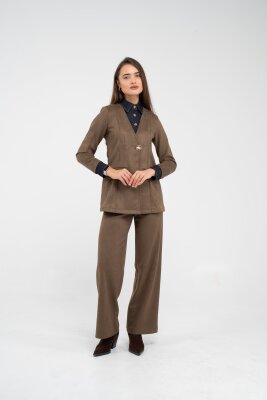 Süet Dokulu Tek Düğmeli Modern Kadın Takım 8098 - SASİLVA
