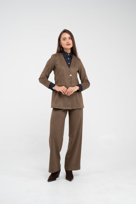 Süet Dokulu Tek Düğmeli Modern Kadın Takım 8098 - 1