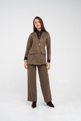 Süet Dokulu Tek Düğmeli Modern Kadın Takım 8098 - 2