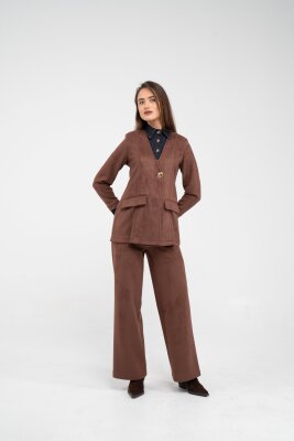 Süet Dokulu Tek Düğmeli Modern Kadın Takım 8098 - 8