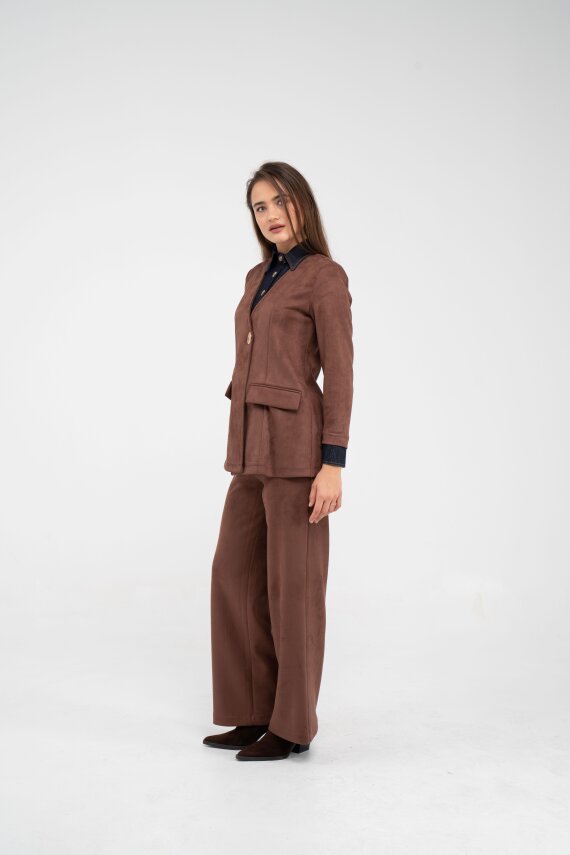 Süet Dokulu Tek Düğmeli Modern Kadın Takım 8098 - 9
