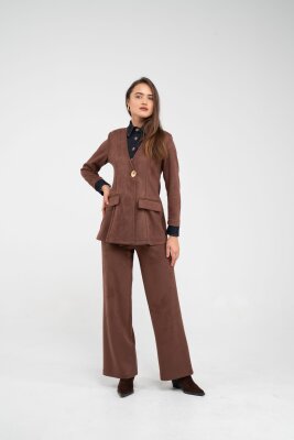 Süet Dokulu Tek Düğmeli Modern Kadın Takım 8098 - 11