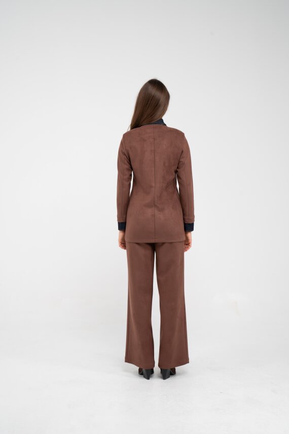 Süet Dokulu Tek Düğmeli Modern Kadın Takım 8098 - 13